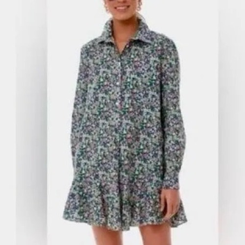 Tuckernuck Callahan Shirt Dress XXL Pink Green Floral Ruffle Hem Long Sleeve - Picture 7 of 7